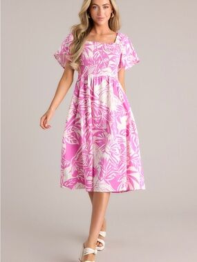 Pink Floral Square-Neck Midi Dress with Smocked Bodice and front pockets